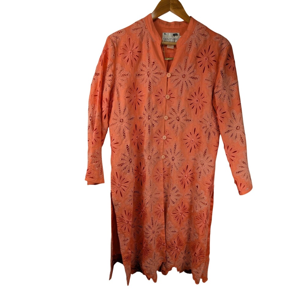Lily & Taylor Couture Coral Orange 100% Linen Eyelet Floral Tunic Jacket Size 12